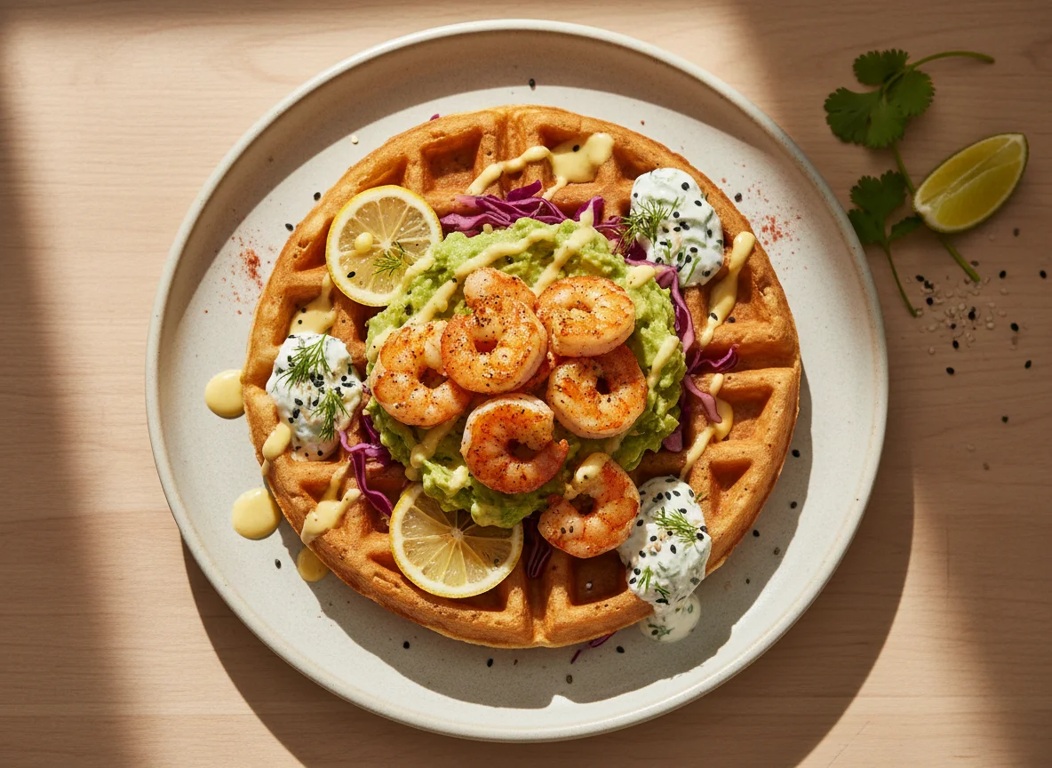 Вафля с креветками, гуакамоле и соусами photo