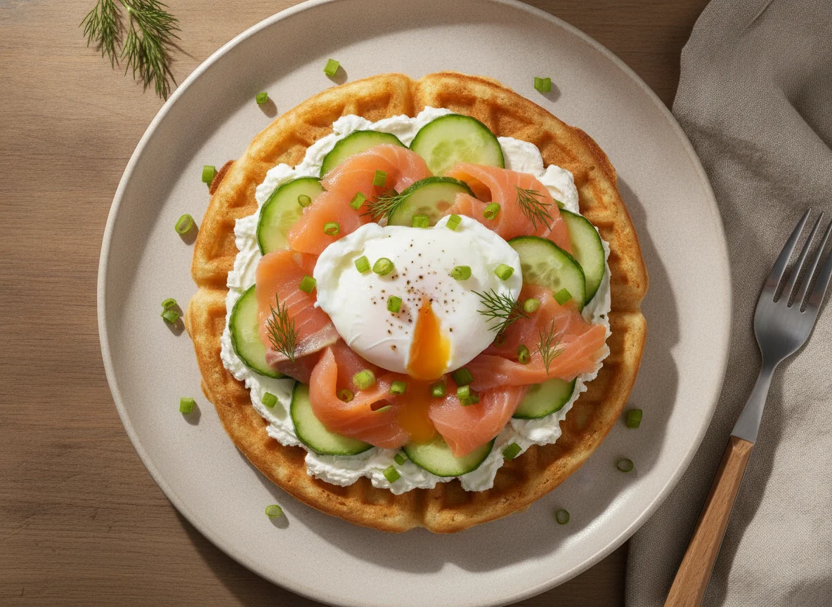 Вафля с лососем, огурцом и яйцом photo