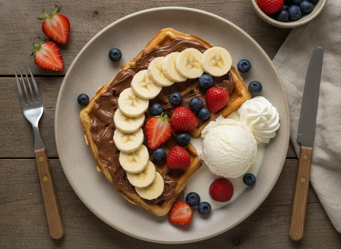 Вафля с Nutella, бананом, ягодами и мороженым photo