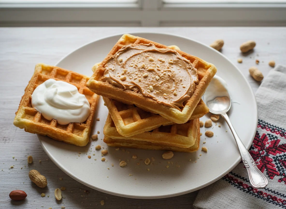 Вафли с арахисовой пастой и сметаной photo
