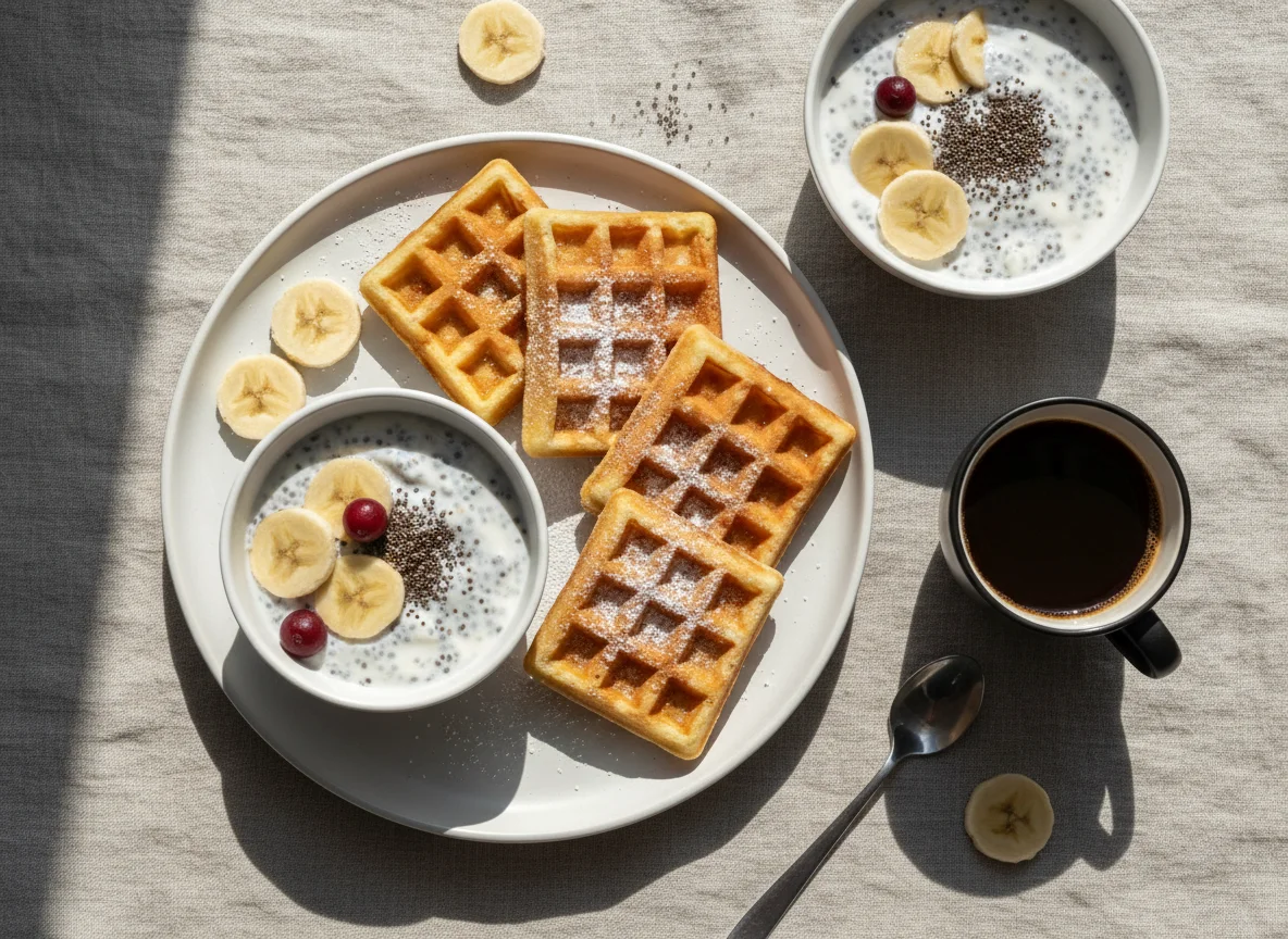 Вафли с йогуртом и кофе photo