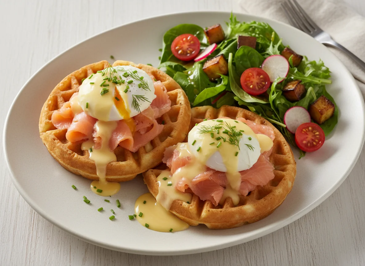 Вафли с лососем, яйцами пашот и гарниром photo