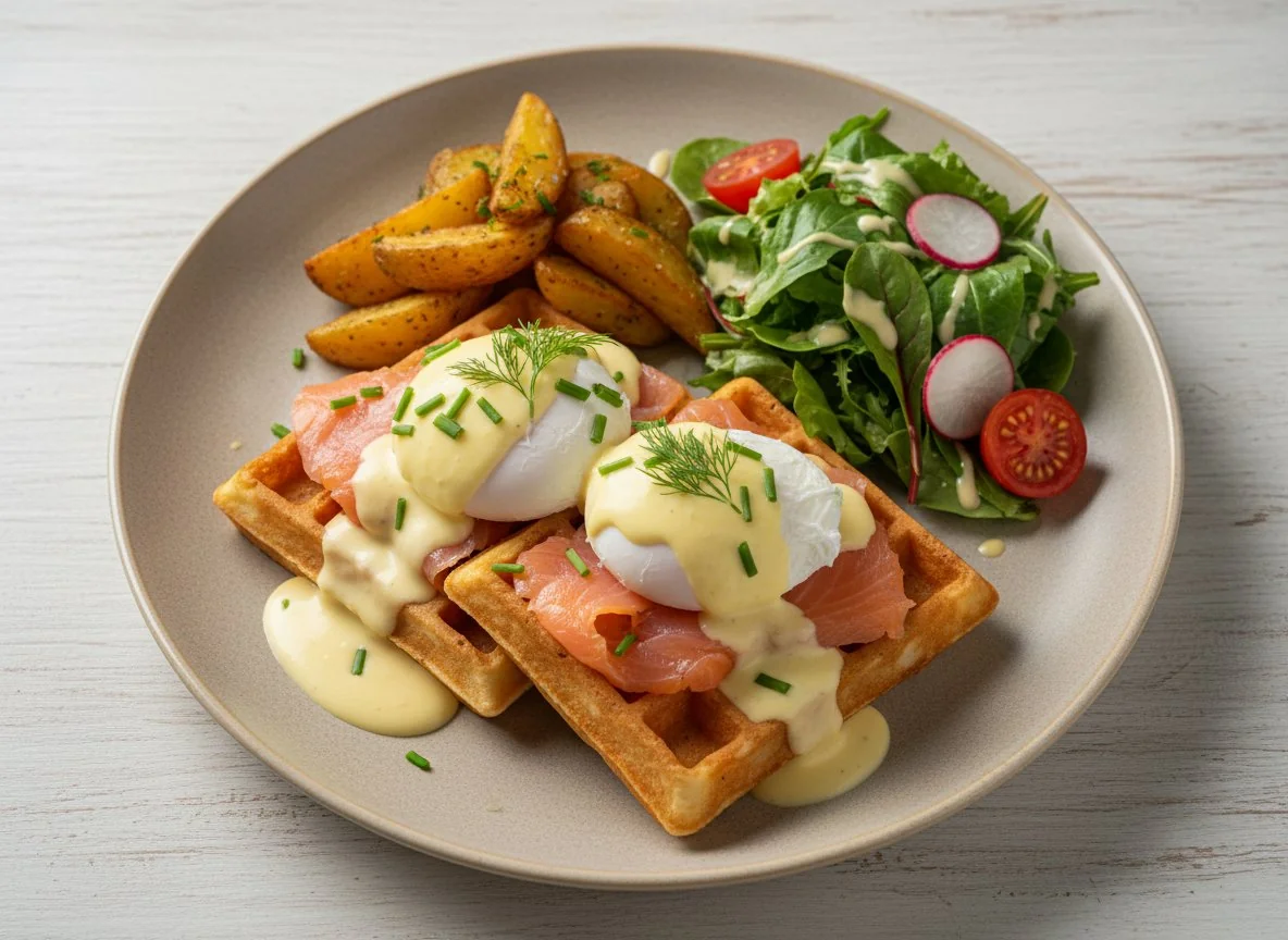 Вафли с лососем, яйцами пашот и голландским соусом photo