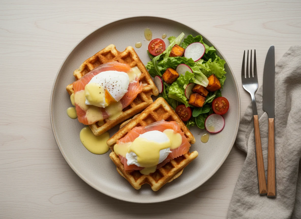 Вафли с лососем, яйцами пашот и салатом photo