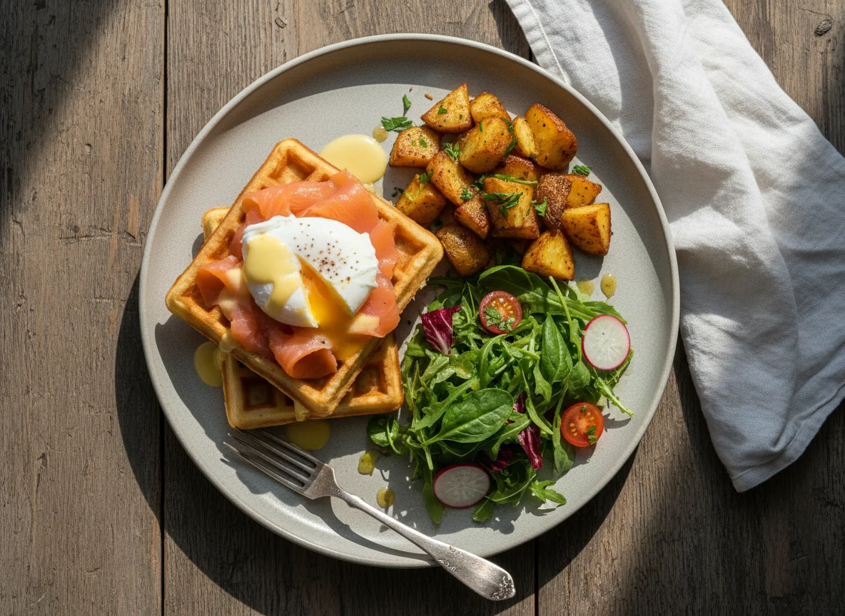 Вафли с лососем, яйцом пашот и салатом photo