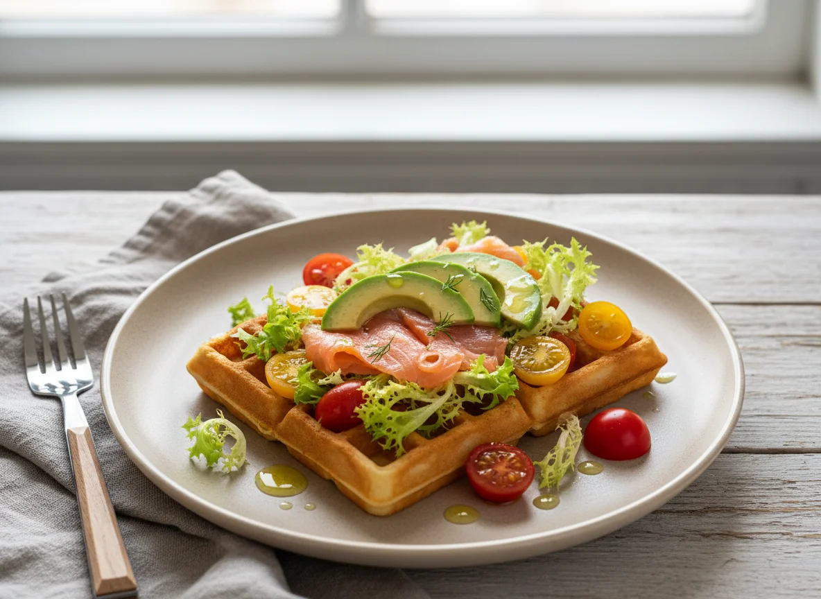 Вафли с лососем, авокадо и томатами photo