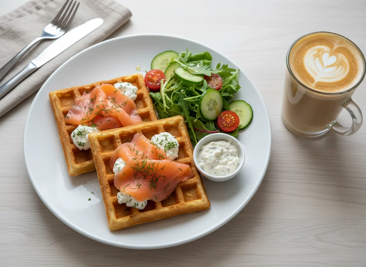 Вафли с лососем и сливочным сыром, салат и латте photo
