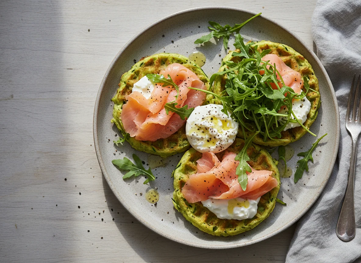 Вафли с лососем, рукколой и страчателлой photo