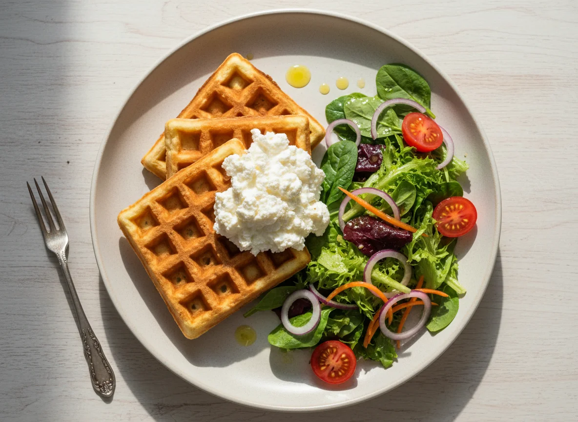 Вафли с творогом и овощным салатом photo