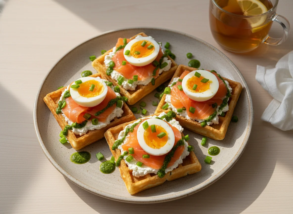 Вафли с творогом, лососем и яйцом photo