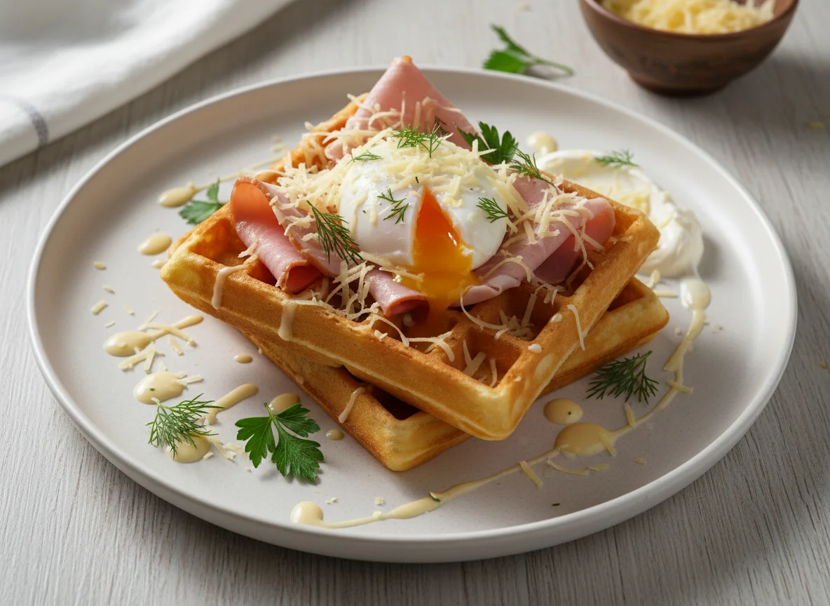 Вафли с ветчиной, яйцом пашот и сыром photo