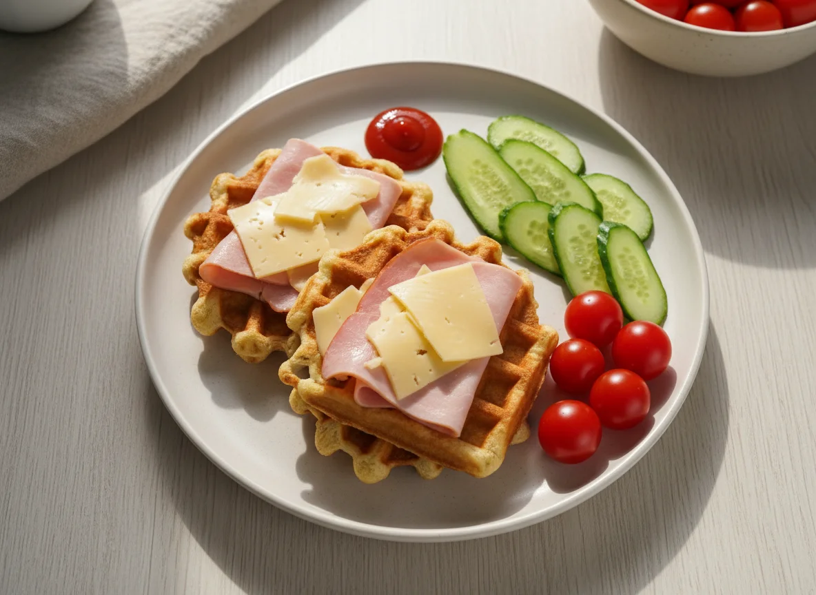 Вафли с ветчиной и сыром, огурцы и помидоры черри photo