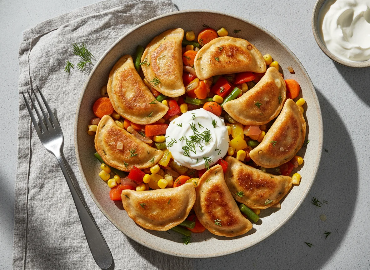 Вареники с овощами и сметаной photo