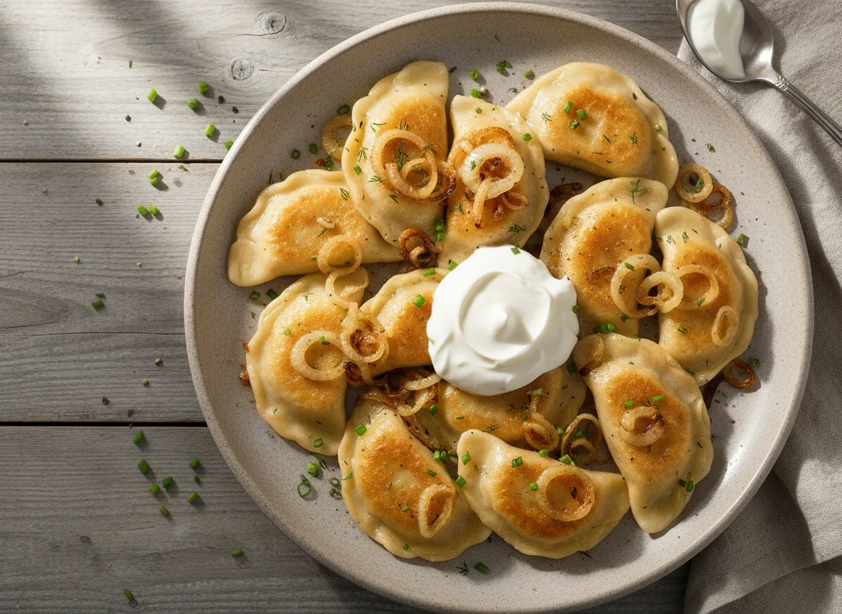 Вареники с жареным луком и сметаной photo