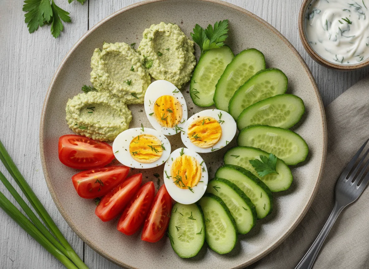 Вареные яйца с овощами и соусом photo