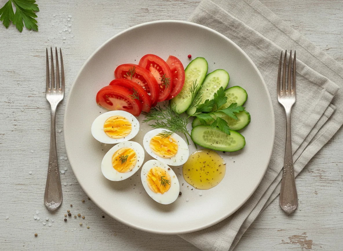 Вареные яйца с помидорами и огурцами photo