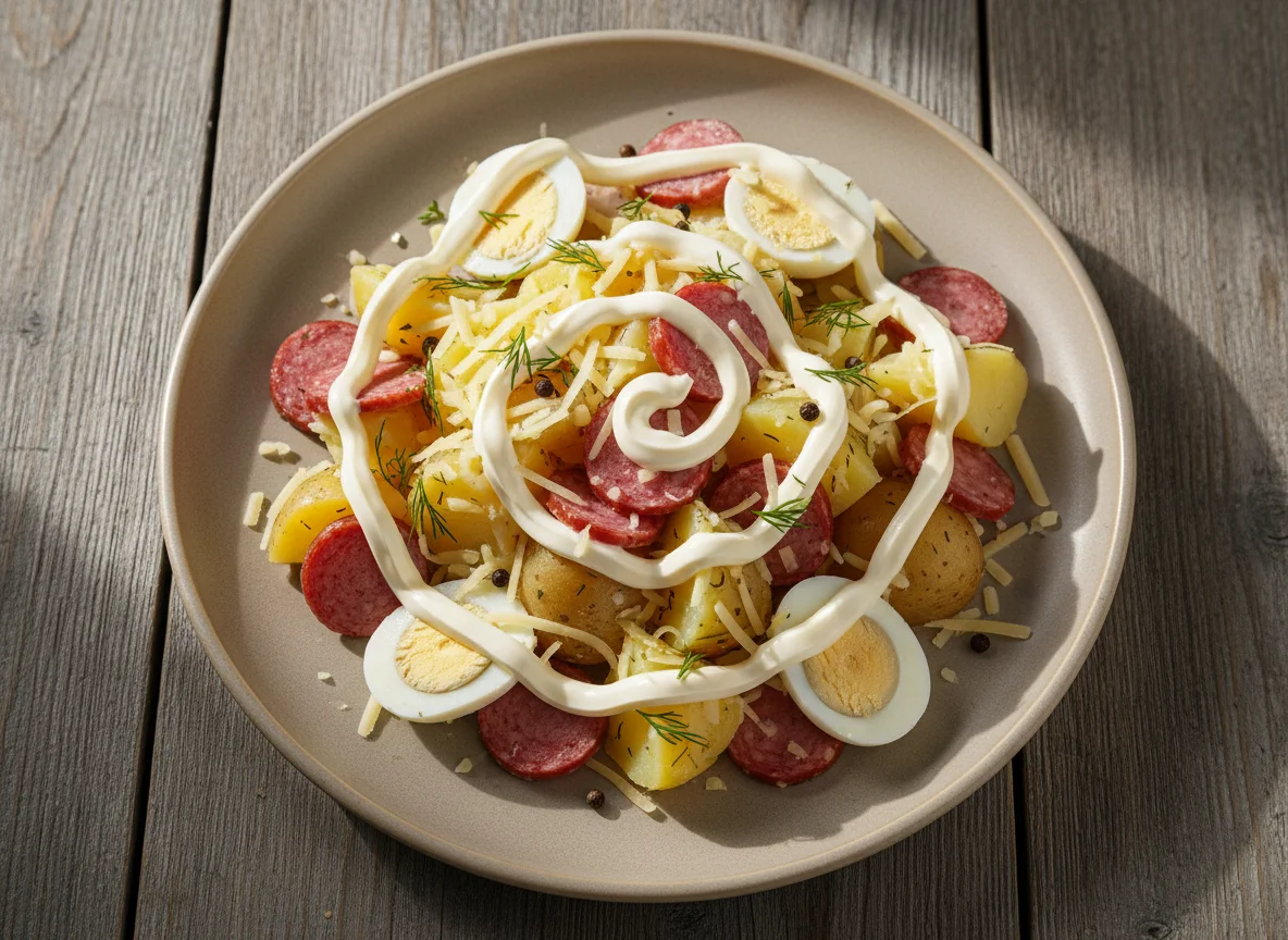 Вареный картофель с яйцами, колбасой и майонезом photo
