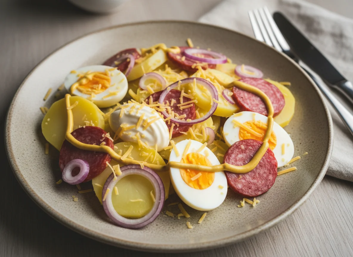 Вареный картофель с яйцами, колбасой и соусом photo