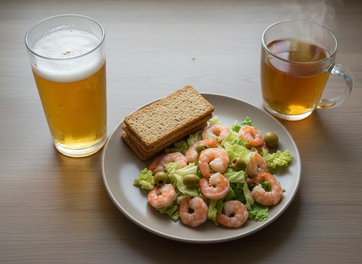 Вечерний перекус с креветками и салатом photo