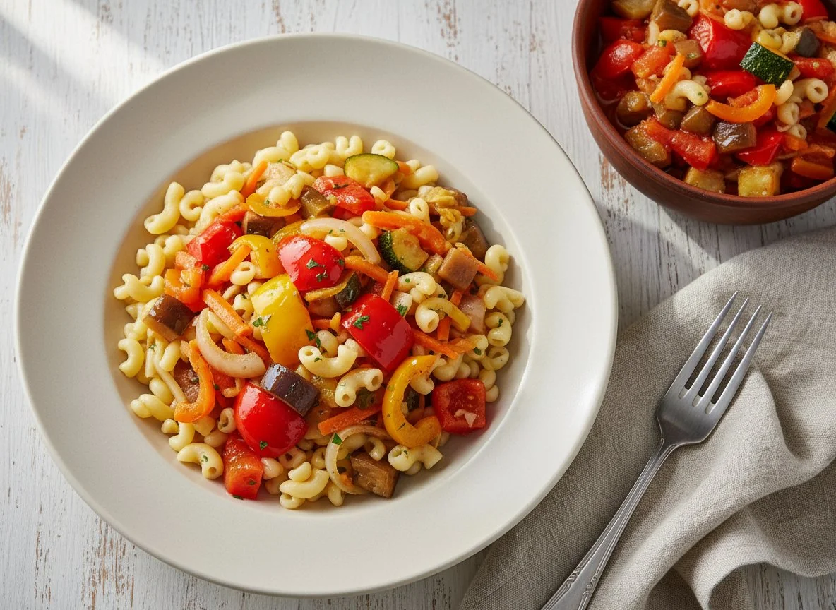 Вермишель с овощами и овощное рагу photo