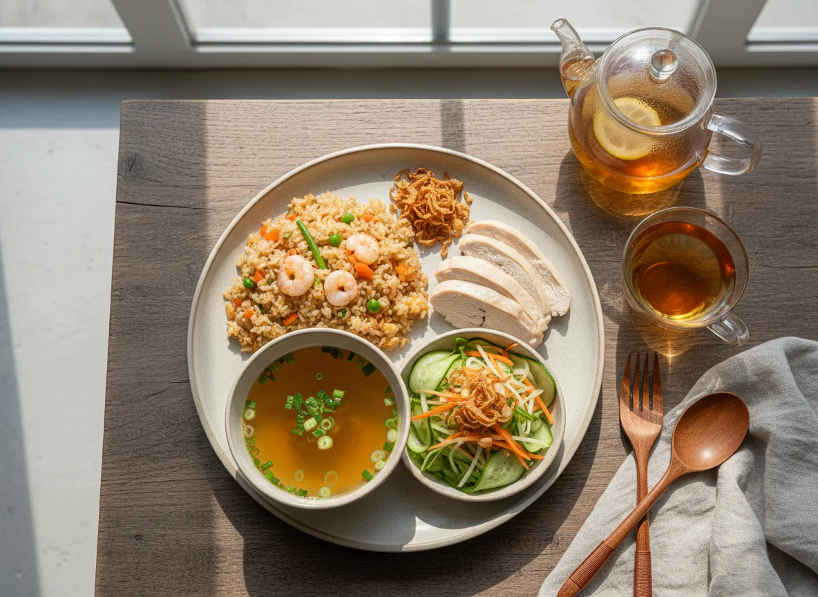 Вьетнамский обед с курицей и рисом photo