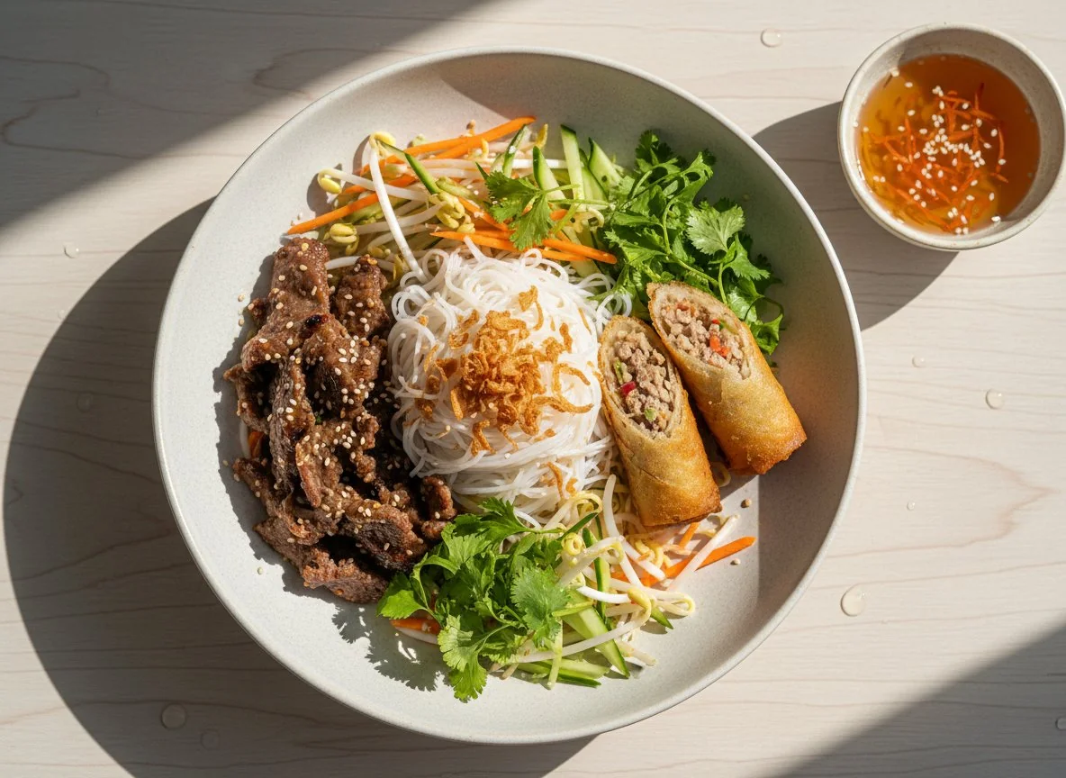 Вьетнамский салат с мясом и спринг-роллами photo