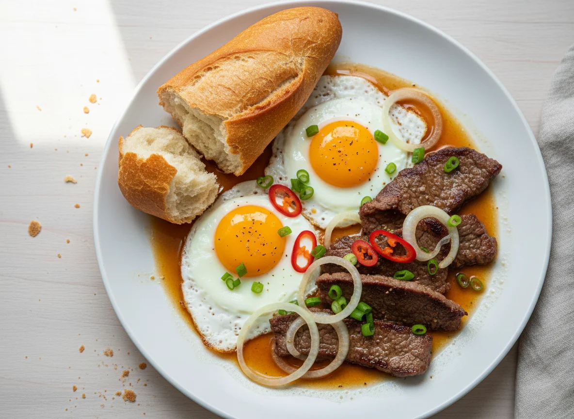 Вьетнамский завтрак с яйцами и мясом photo