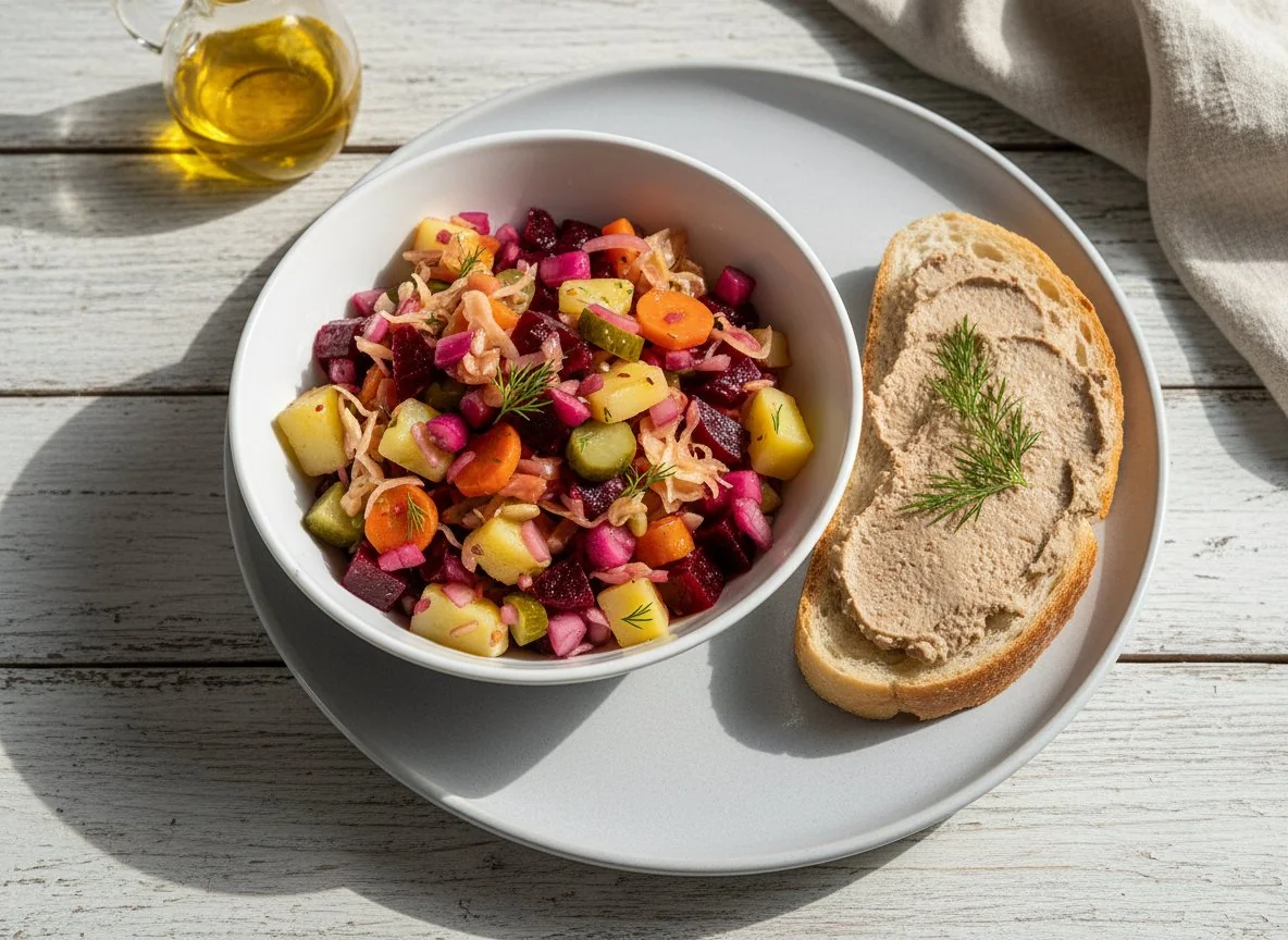 Винегрет и бутерброд с паштетом photo