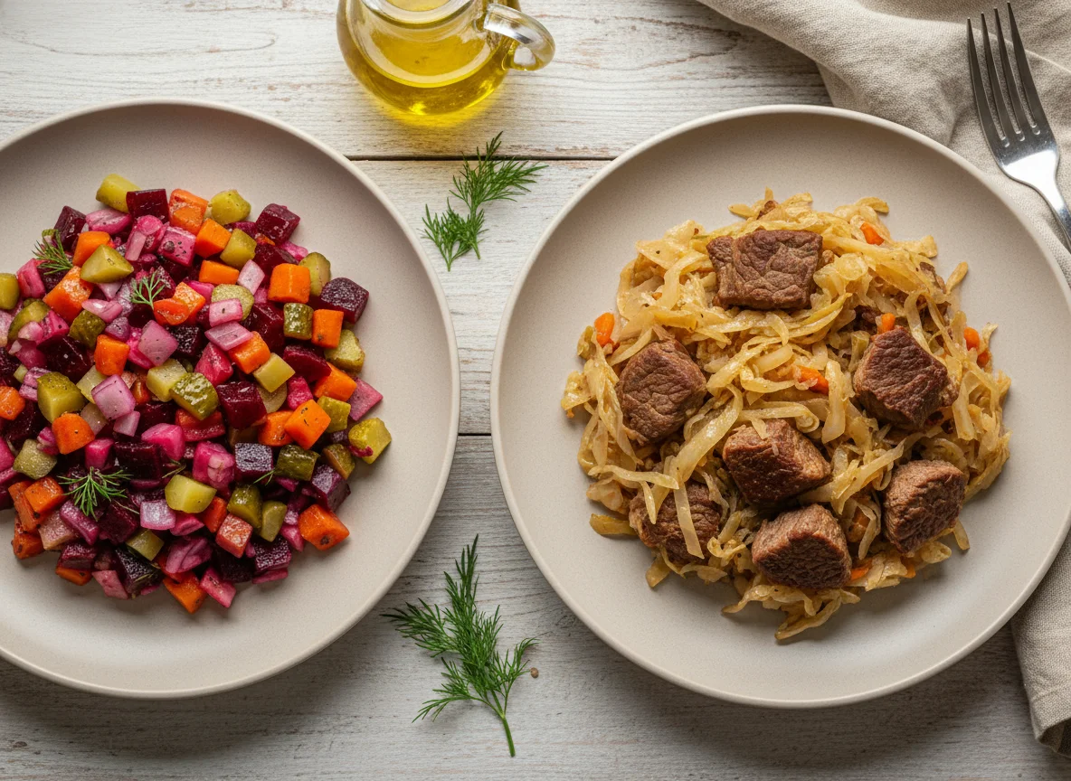 Винегрет и тушеное мясо с капустой photo