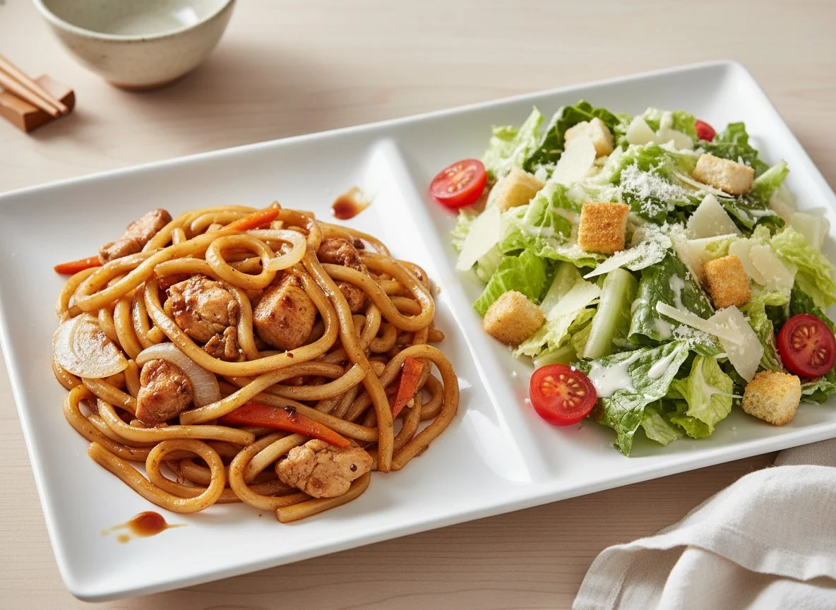 Вок с лапшой и салат Цезарь photo