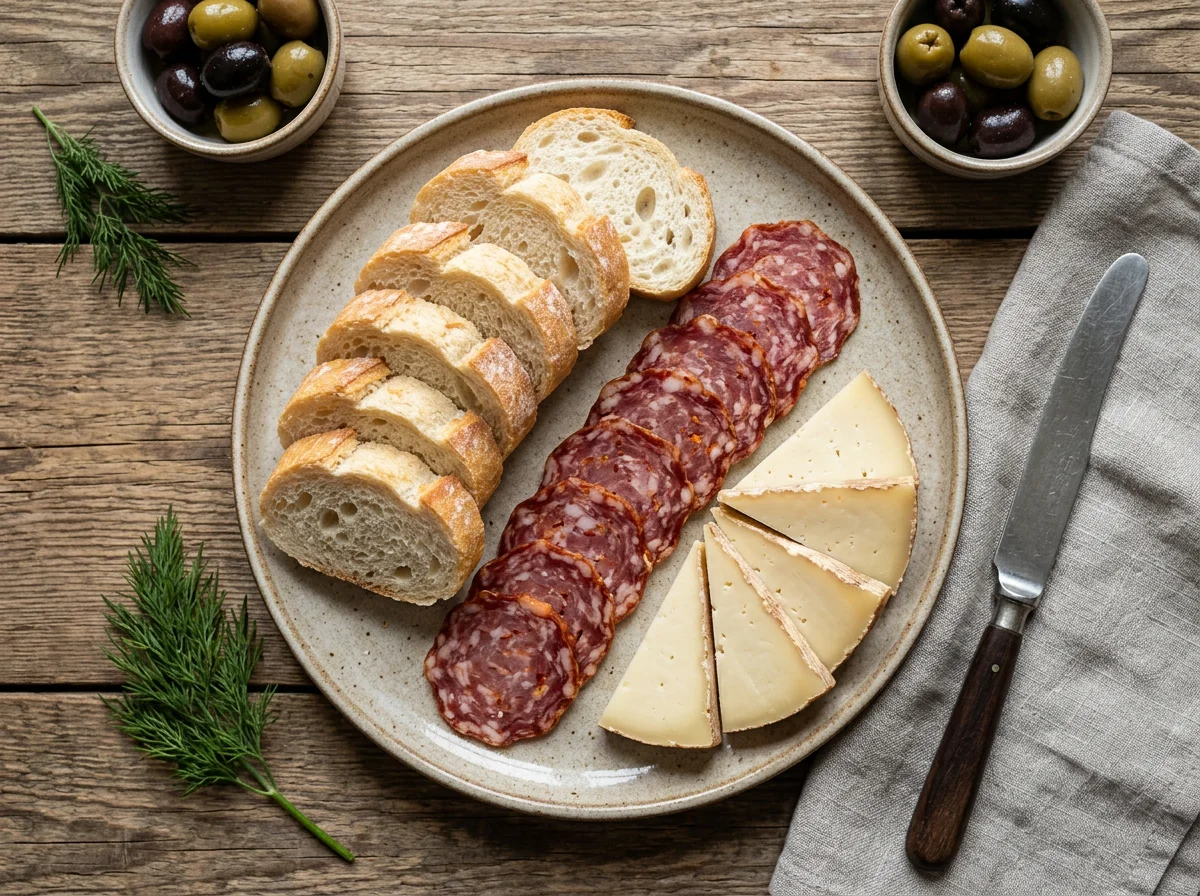 Закуска с хлебом, сыром и колбасой photo