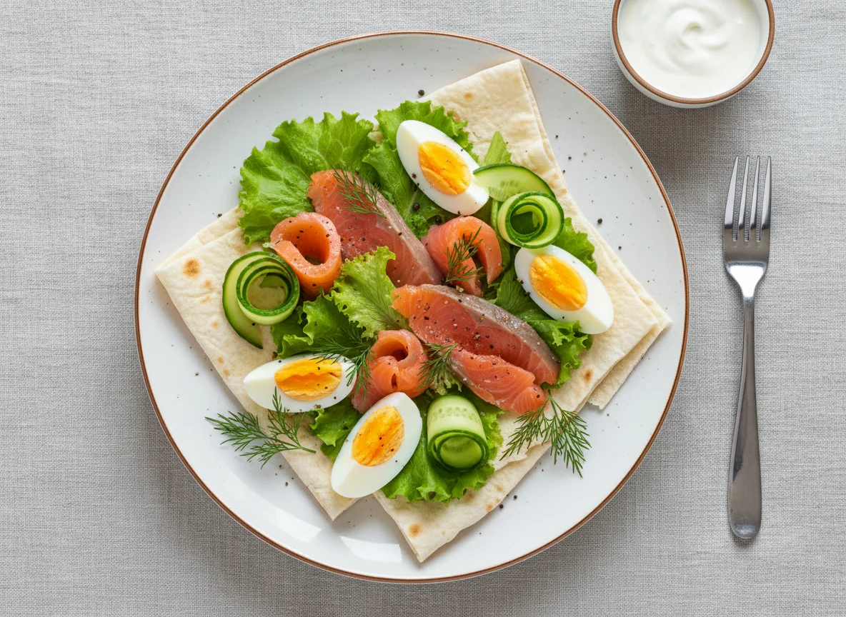 Закуска с копченой рыбой, огурцом и яйцом photo