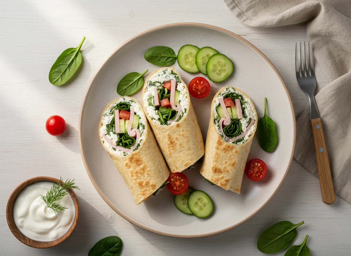 Закуска в тортилье со шпинатом и сыром photo