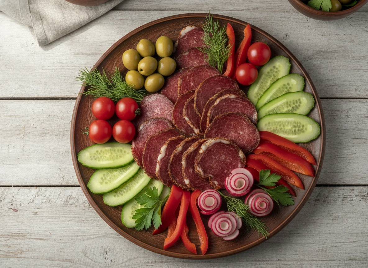 Закусочная тарелка с вяленым мясом и овощами photo