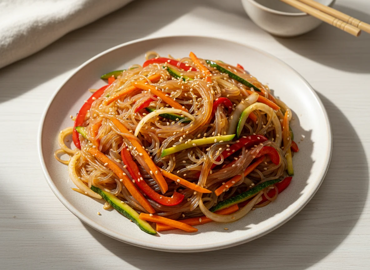 Жапче (корейская стеклянная лапша с овощами) photo