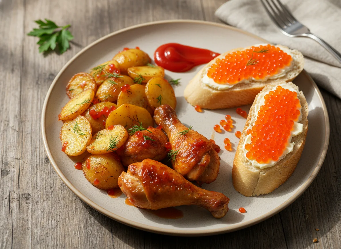 Запеченая картошка с курицей. Бутерброды с красной икрой photo
