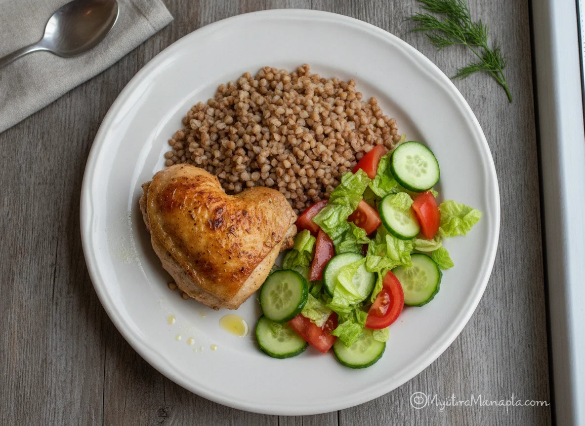 Запеченная курица с гречкой и овощным салатом photo