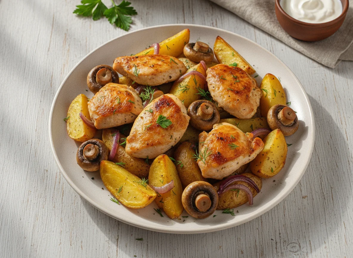 Запеченная курица с картофелем и грибами photo