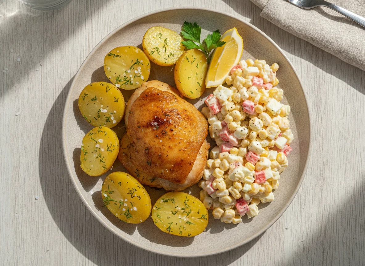 Запеченная курица с картофелем и крабовым салатом photo