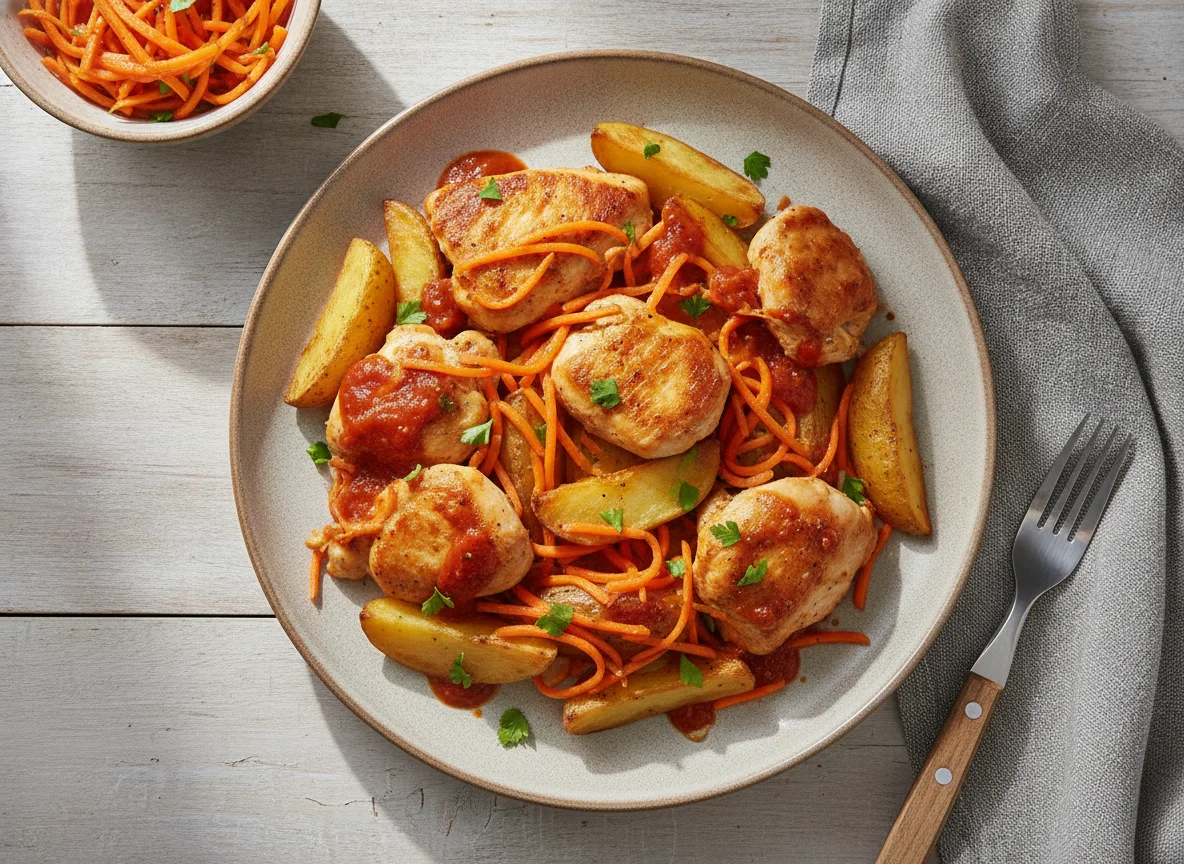 Запеченная курица с картофелем и морковью по-корейски photo