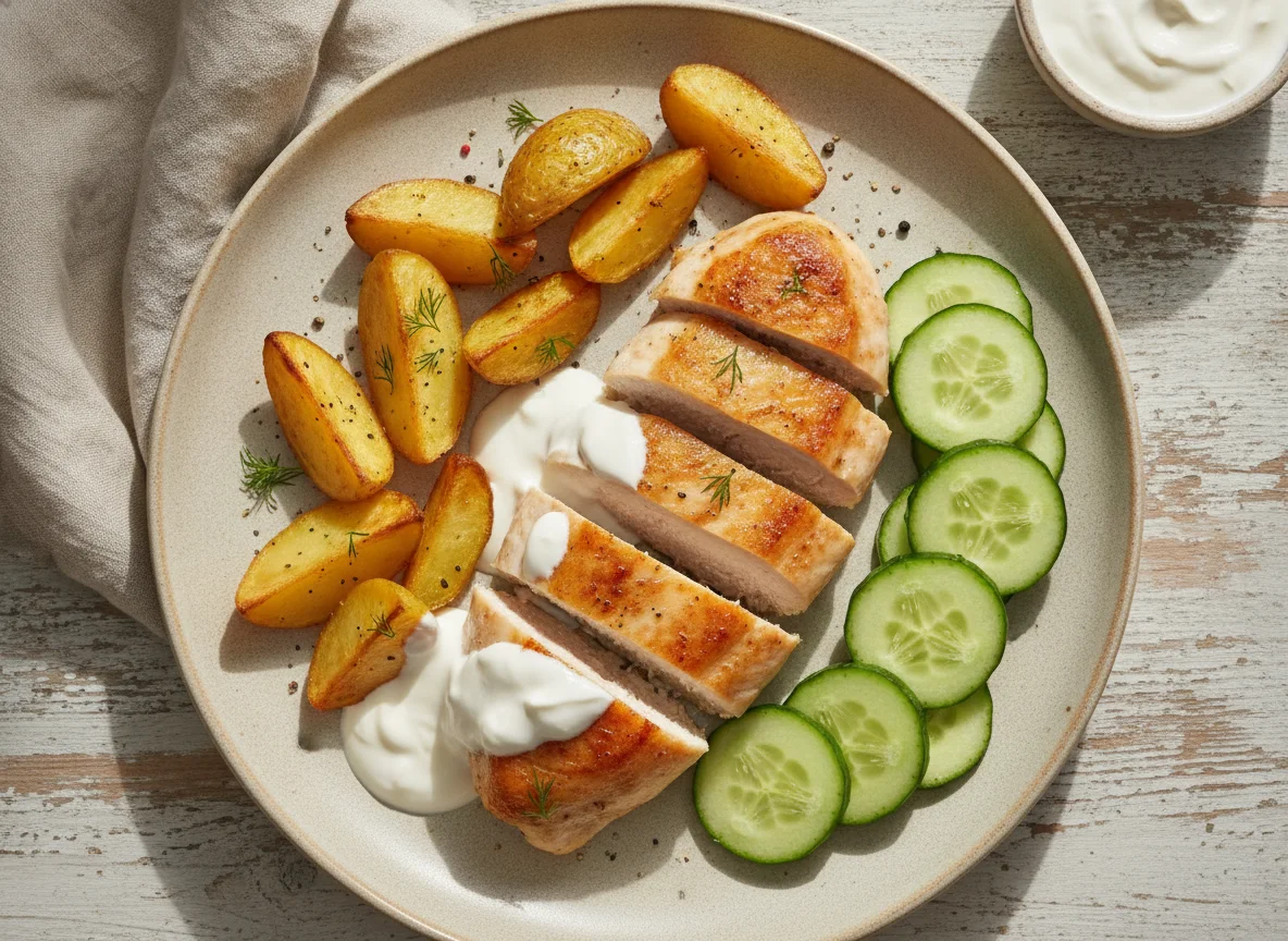 Запеченная курица с картофелем и огурцами photo