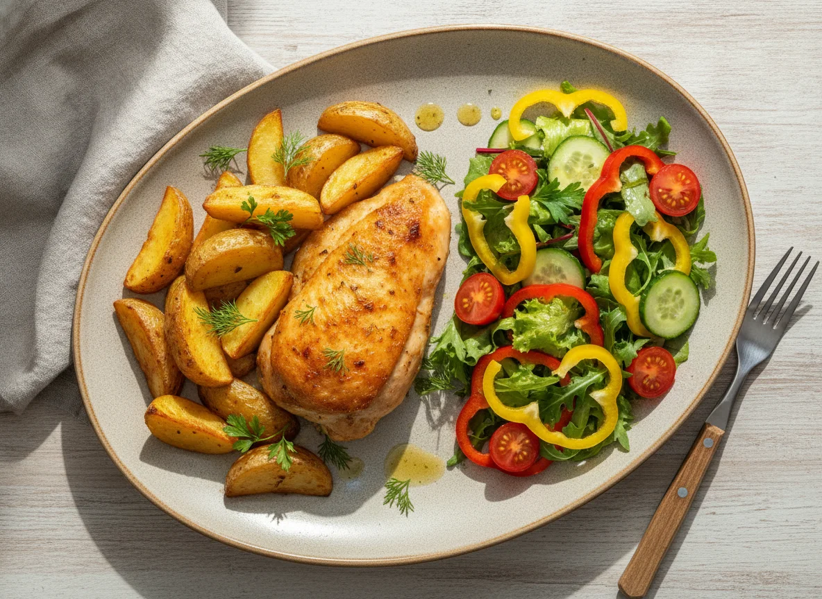 Запеченная курица с картофелем и овощной салат photo
