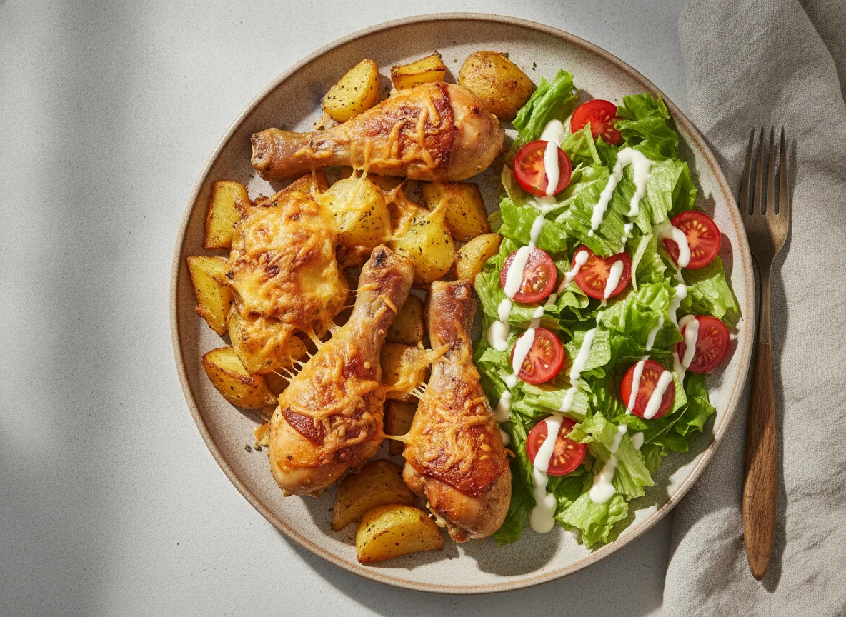 Запеченная курица с картофелем и овощным салатом photo