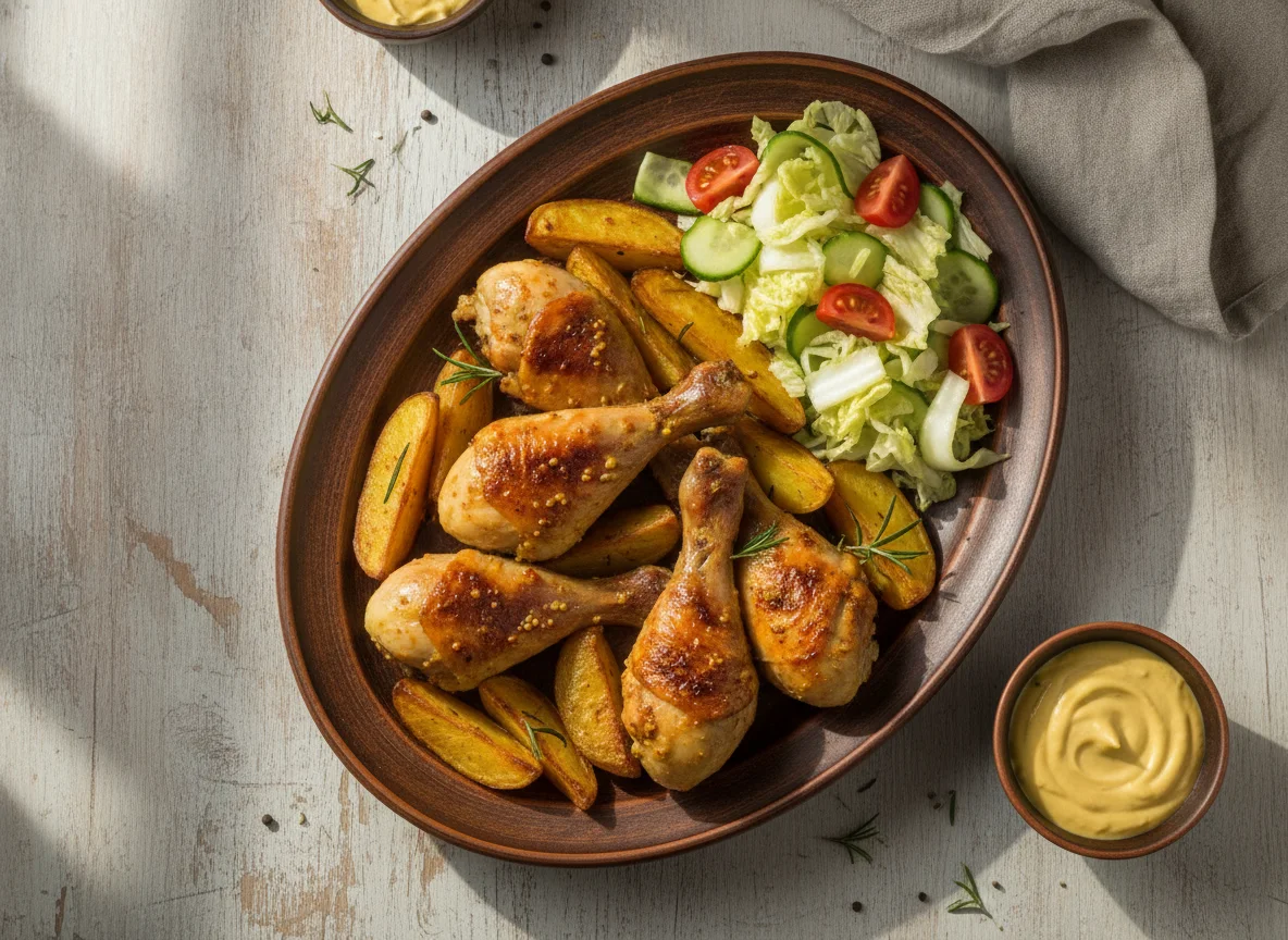 Запеченная курица с картофелем и салатом photo