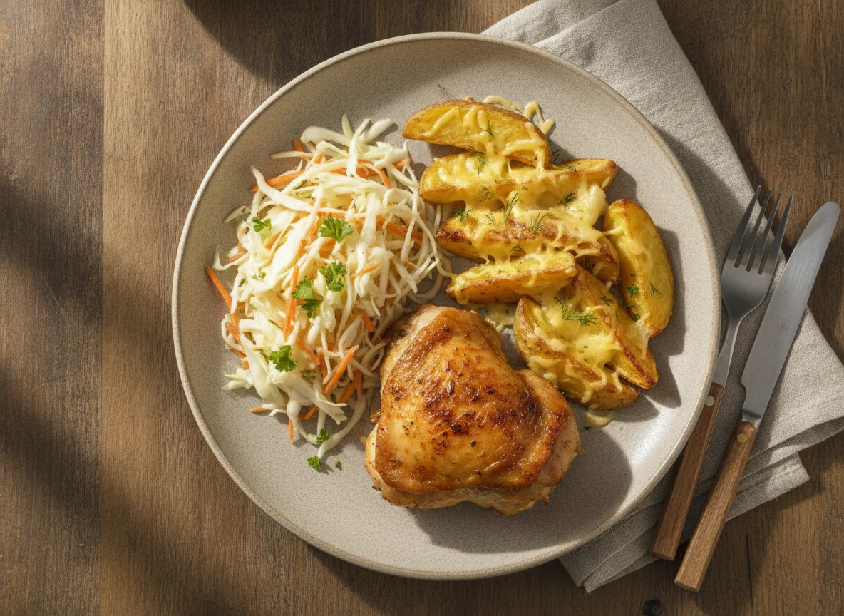 Запеченная курица с картофелем и салатом из капусты photo