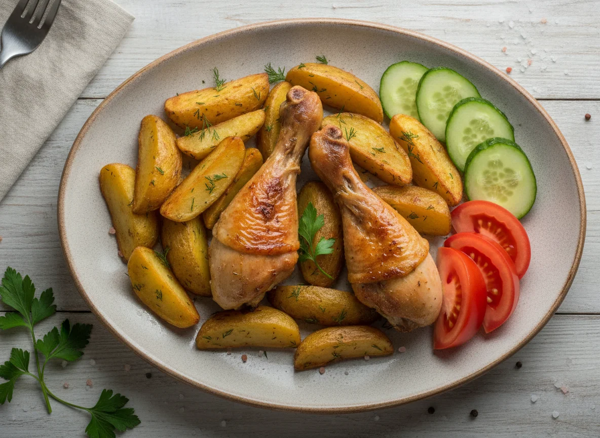 Запеченная курица с картофелем и свежими овощами photo