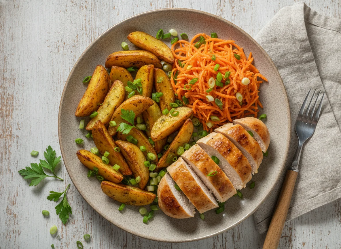 Запеченная курица с картофелем по-деревенски и овощным салатом photo