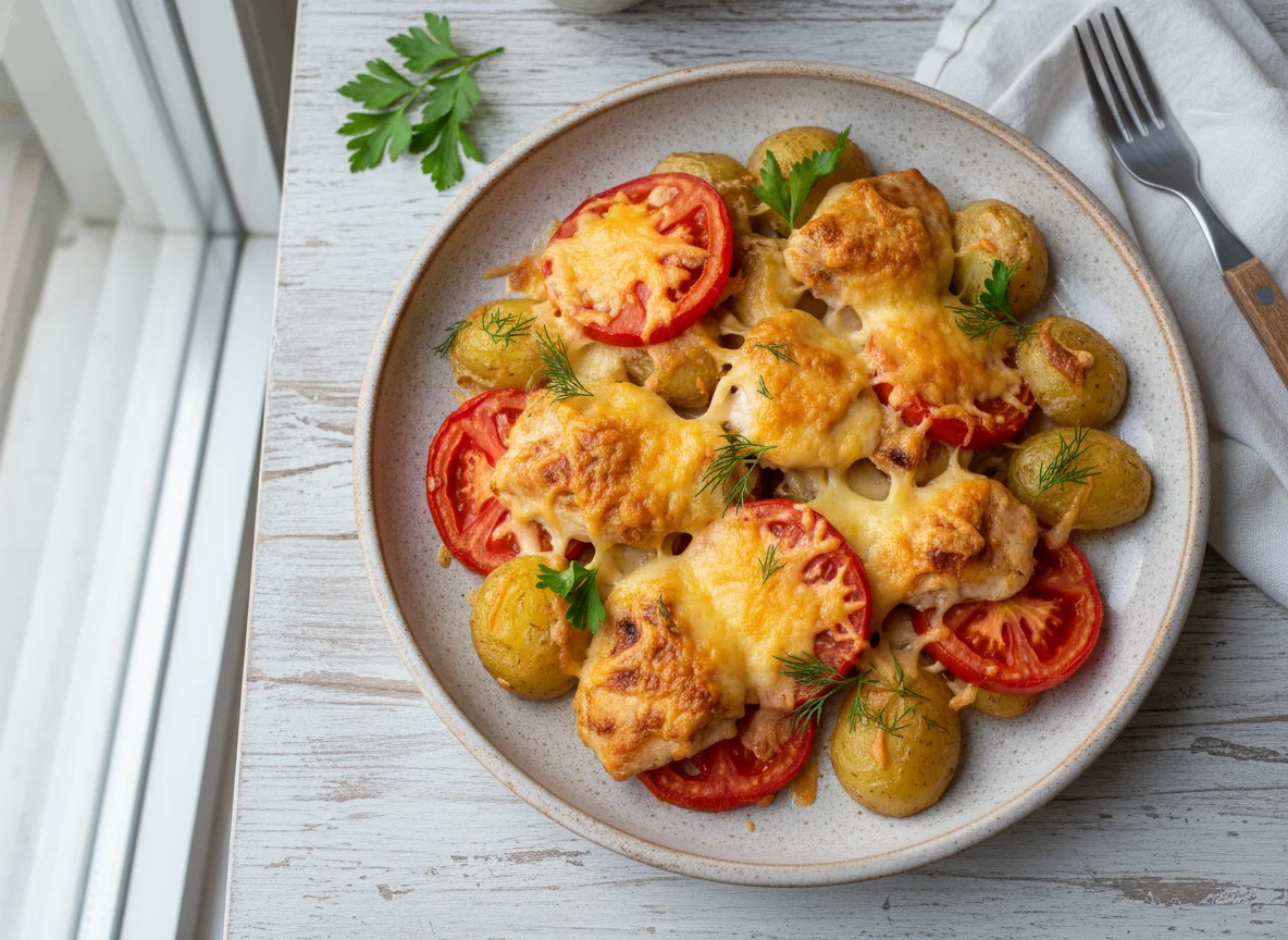 Запеченная курица с картофелем, помидорами и сыром photo