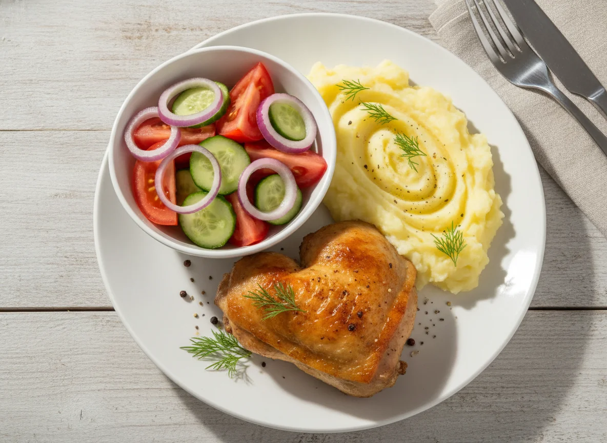 Запеченная курица с картофельным пюре и овощным салатом photo