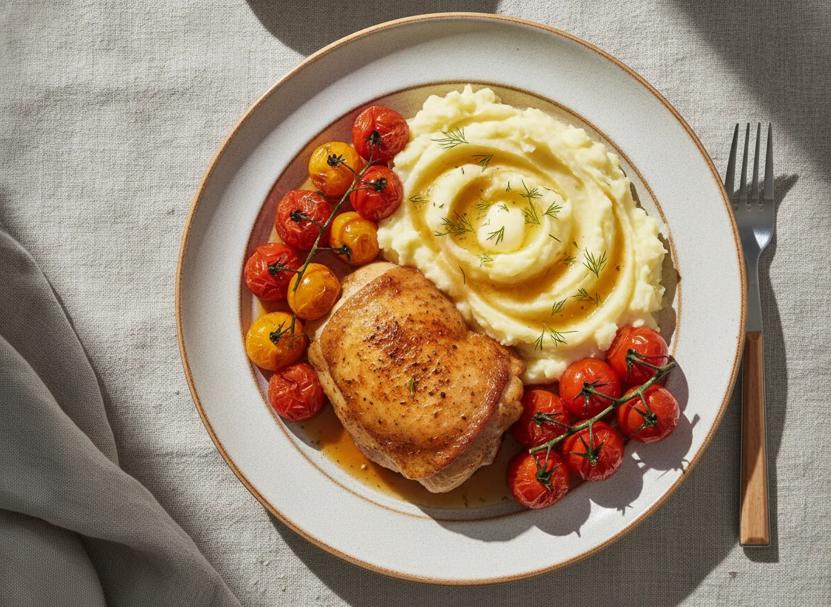 Запеченная курица с картофельным пюре и помидорами черри photo